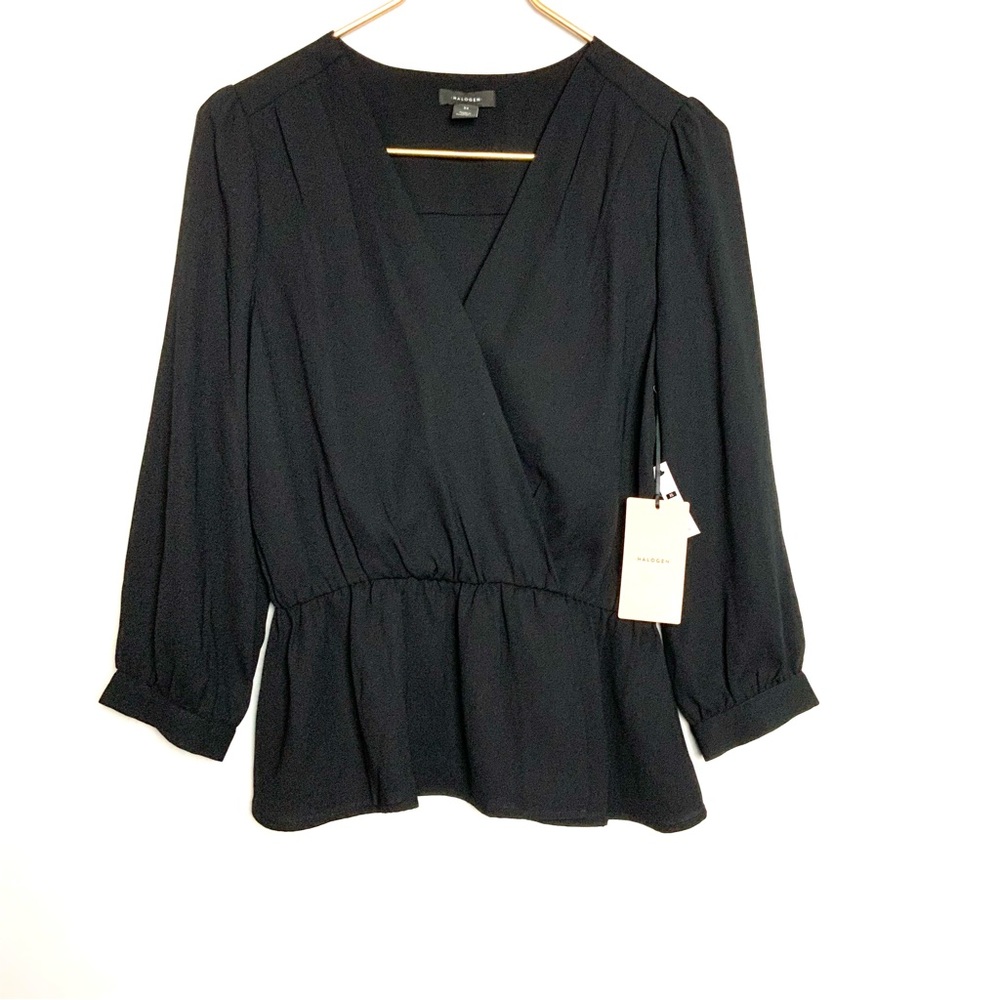 NWT Halogen Sz XS Black Surplice Faux Wrap Long Sleeve Peplum Blouse - Picture 1 of 5